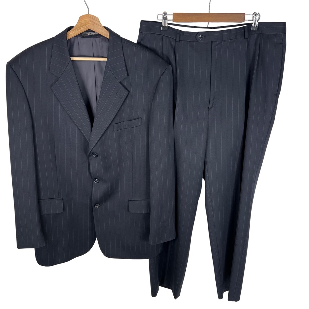 Jones New York Mens Pinstripe Suit 44R Navy Blue Wool Blend Blazer Pants Set